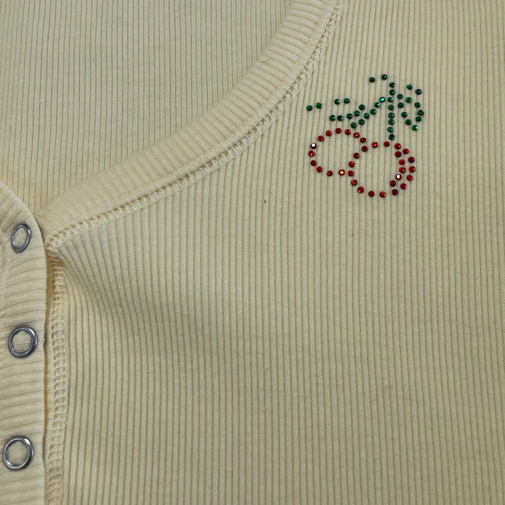 VTG Y2K Fashion Bug Butter Yellow Babydoll Tee with Rhinestone Cherries, Size S - Picture 2 of 5